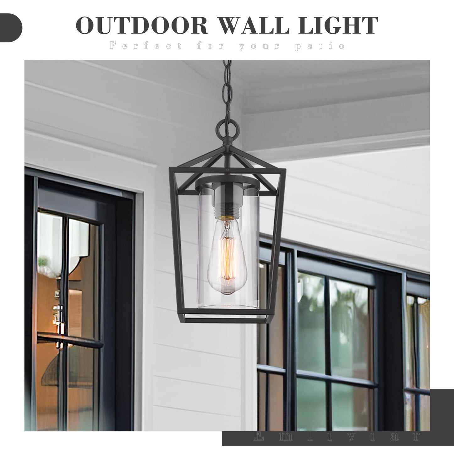 Emliviar Outdoor Pendant Light, 1-Light Hanging Lantern, Black Finish, Clear Glass, Model 20065H BK