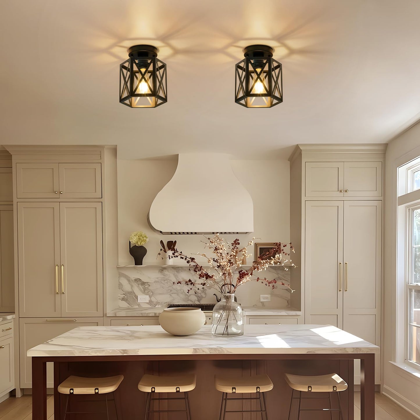 Oteedo Modern Semi Flush Mount Ceiling Light 1-Light Hexagon Flush Mount Ceiling Lights For Dining Room Light Fixture Farmhouse Black Metal Kitchen Island Lighting Fixtures For Hallway Bathroom