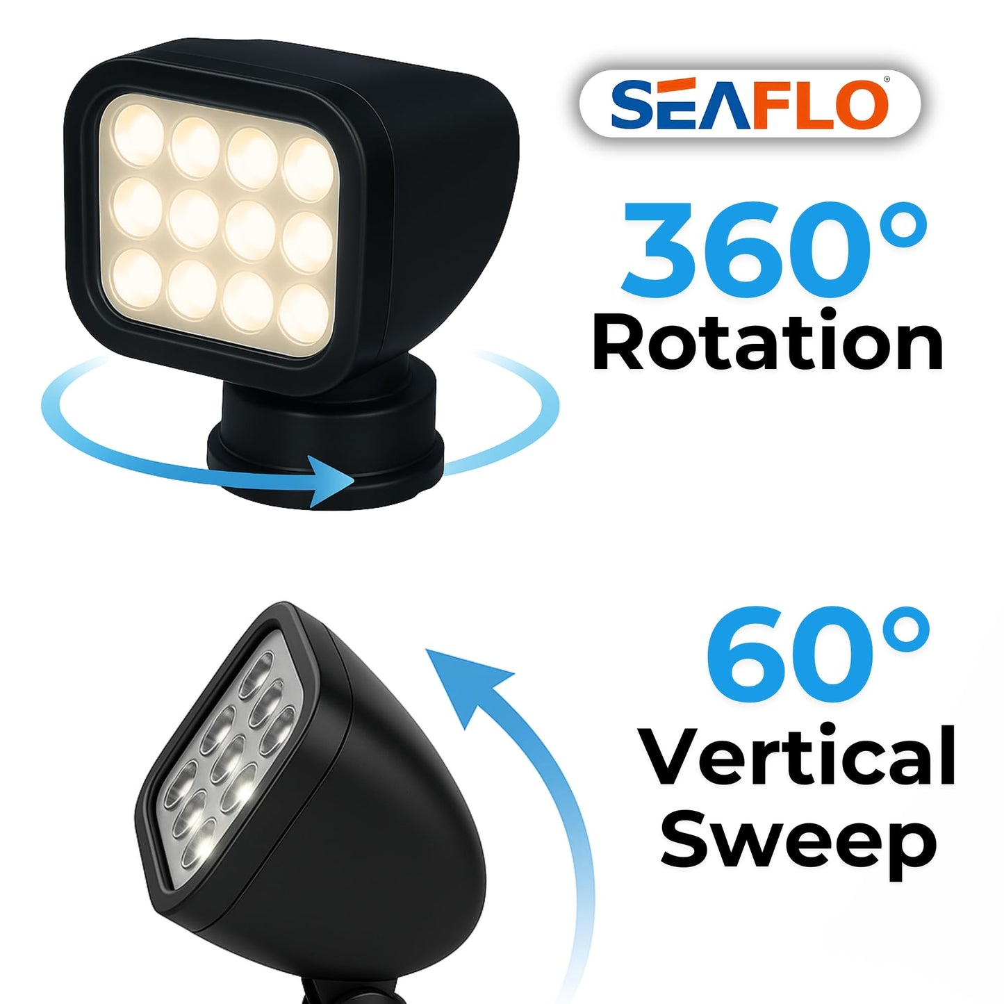SEAFLO 360° Rotating LED Searchlight, IP66 Waterproof, 10-30V, Wireless Remote, Warm Light 2700K, Black, Model SFSL-2700Y