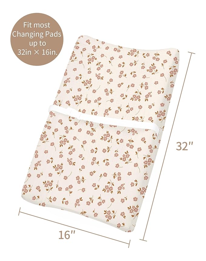 Changing Pad Cover for Baby Boy Girl 2 Pack, Muslin Changing Table Pad Covers with Boho Style, Neutral Nursery Bedding Essentials Soft and Breathable (Floral & Pink)