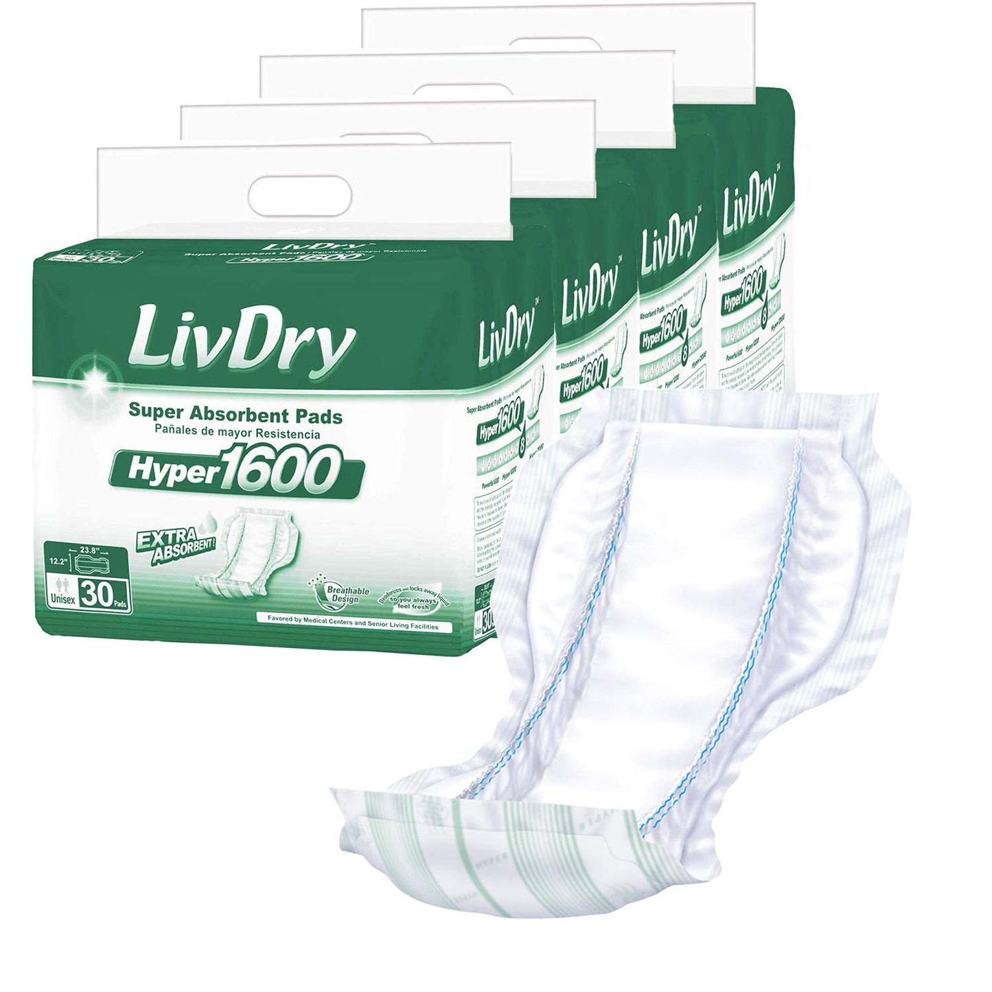 LivDry High Absorbency Pad Insert for Incontinence Briefs and Adult Diapers, Women and Men, Hyper 1600 (120 Count)