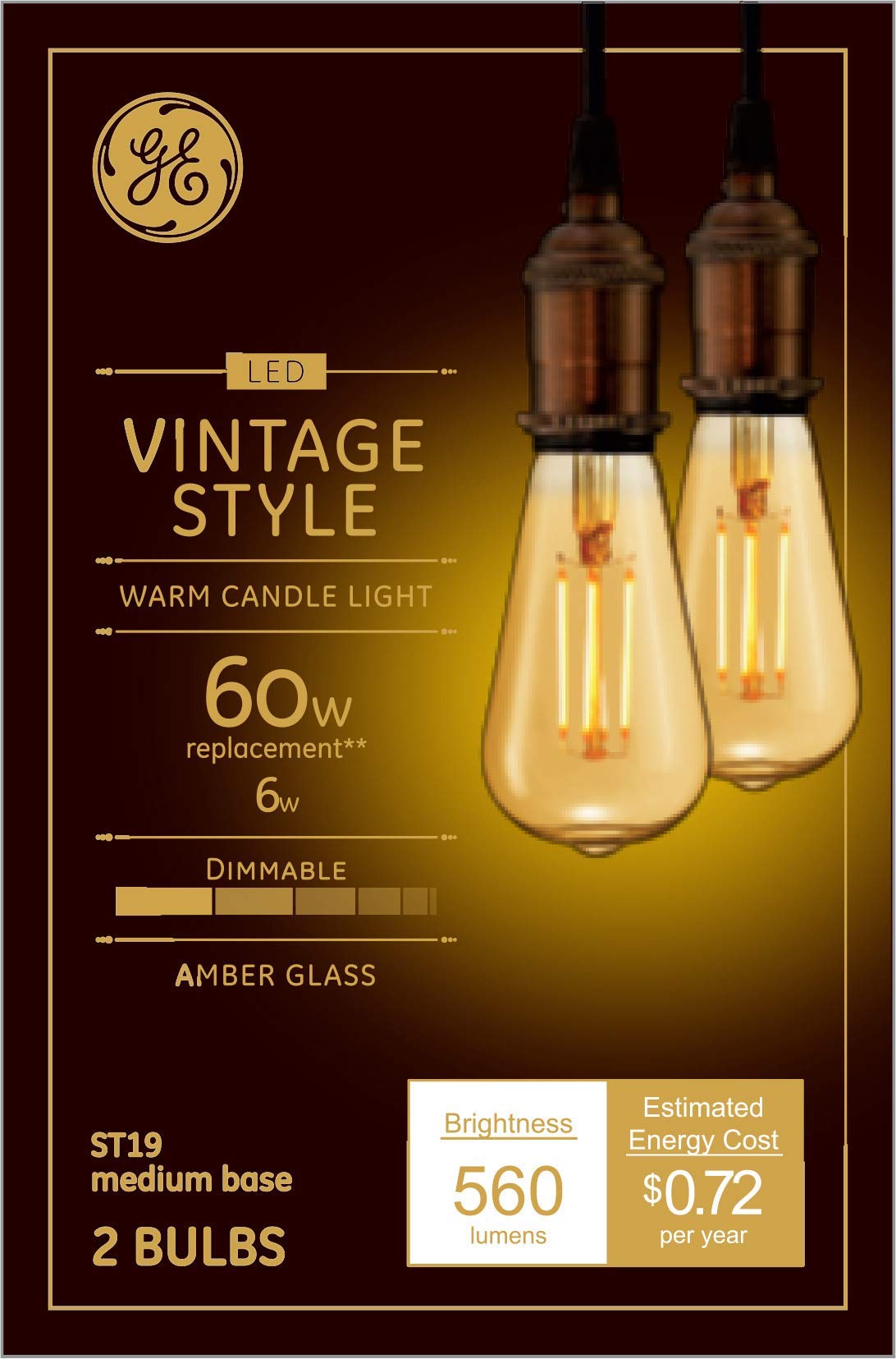 GE Vintage Edison LED Light Bulbs, 6W (60W Equivalent), Warm Candle Light, Amber Glass, Dimmable, 2 Count