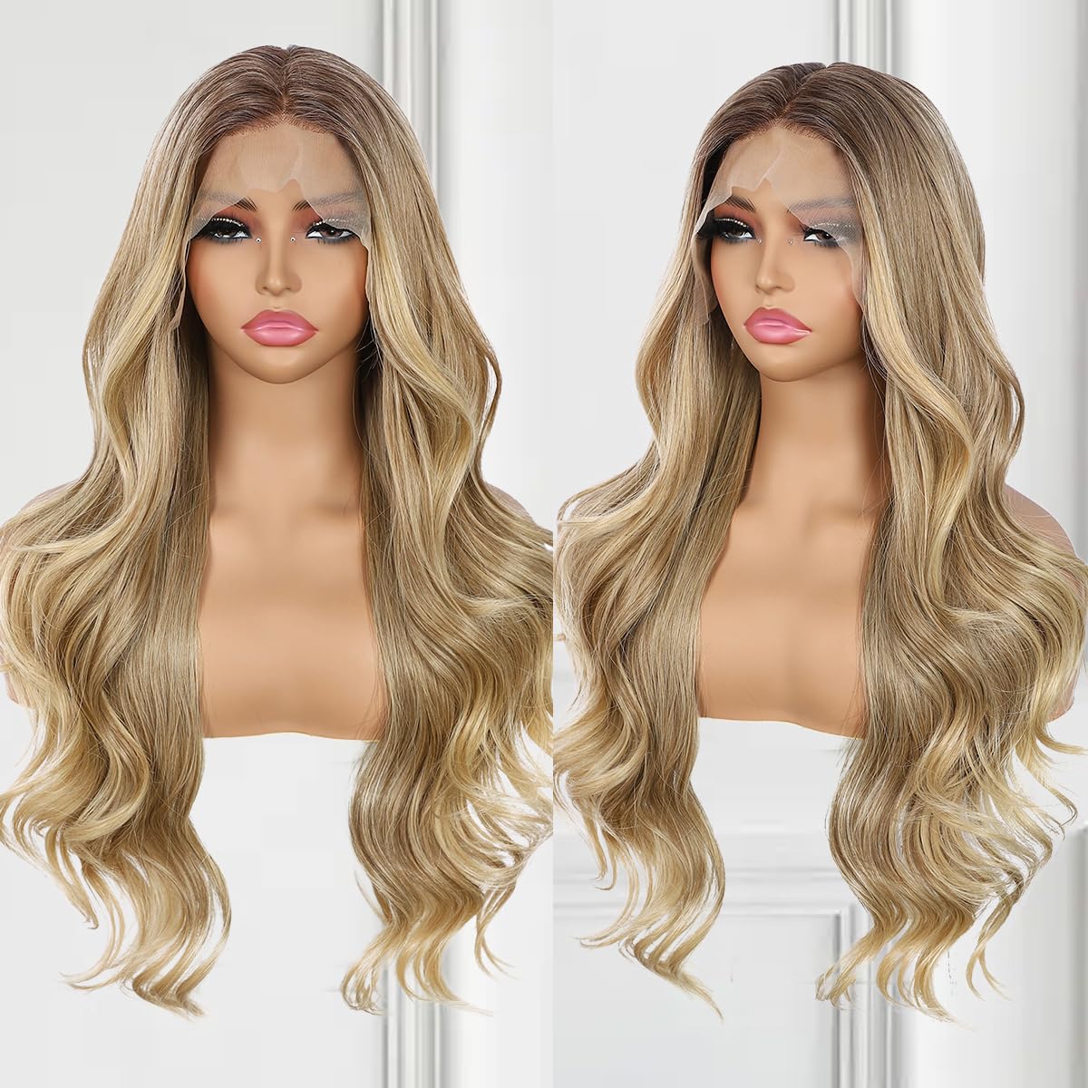BABEHERS Blonde Lace Front Wig for Women 13x4 Body Wave Synthetic Wigs Omber Highlight Pre-plucked Long Wavy 150% Density Natura