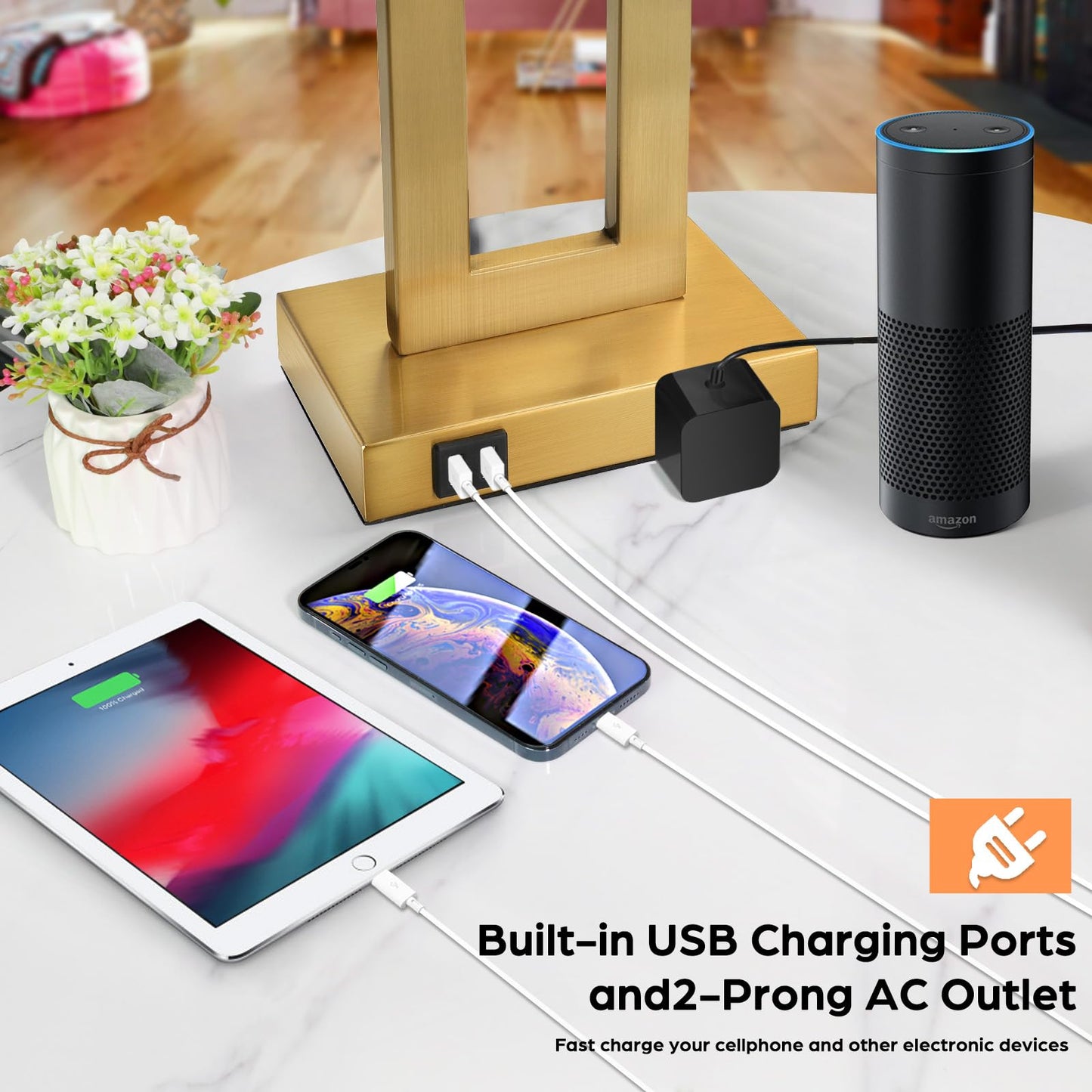 TOBUSA Modern Vintage Gold Table Lamp Set of 2, 28in Tall, White & Gold, Metal, 3-Way Dimmable, 2 USB Ports & AC Outlet, Model