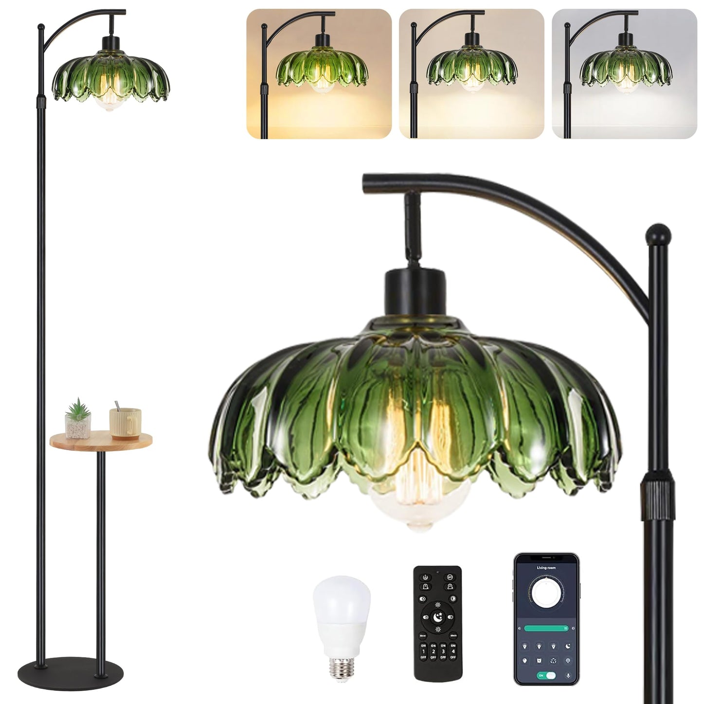 ZECOXOL Arc Floor Lamp with Table & Shelves, Black-Green, Metal, Remote Control, 10 inch, Modern Design
