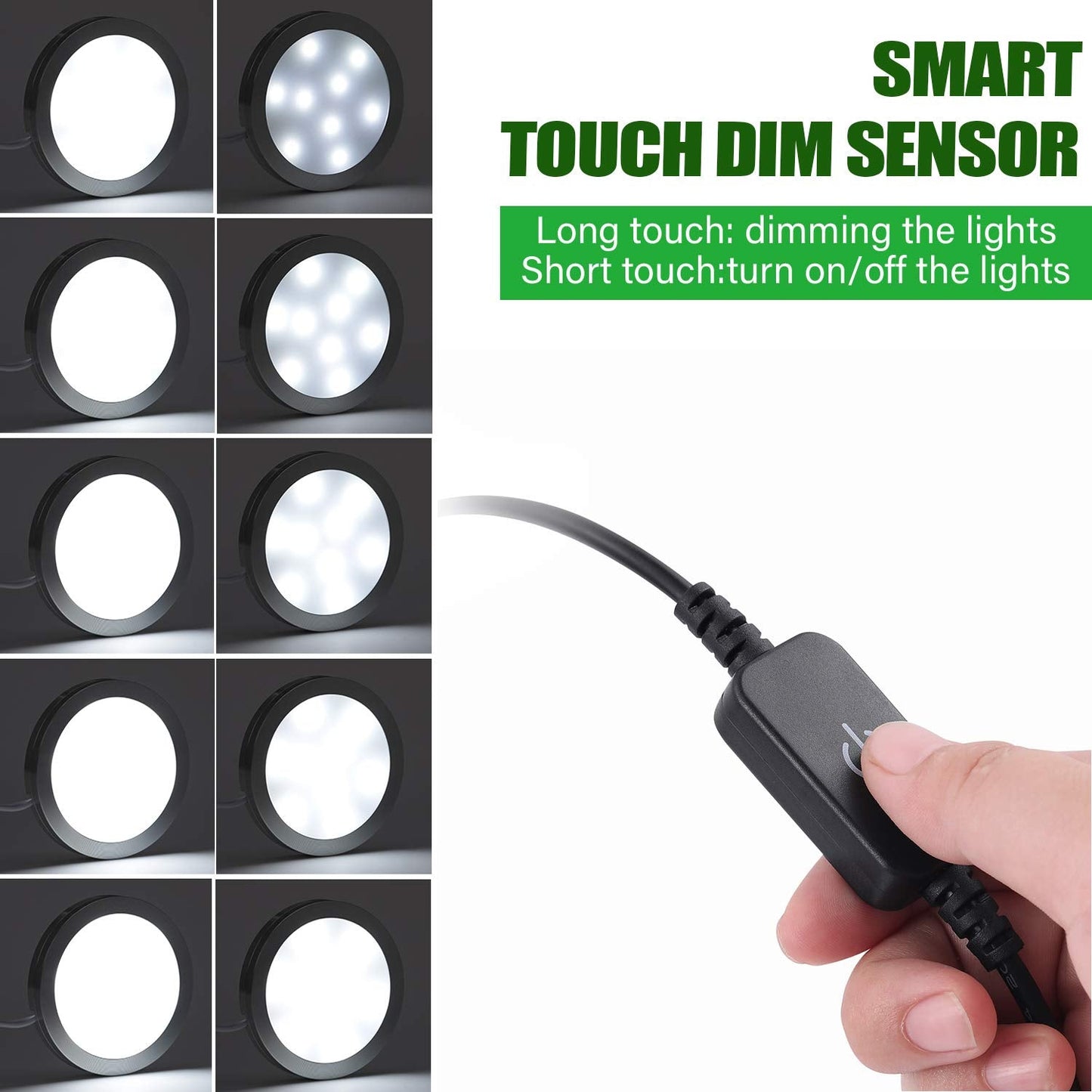 AIBOO Under Cabinet LED Puck Lights Kit, Touch Dimming Switch, 4 Lights, 6000K Daylight White, Model touch4-cw