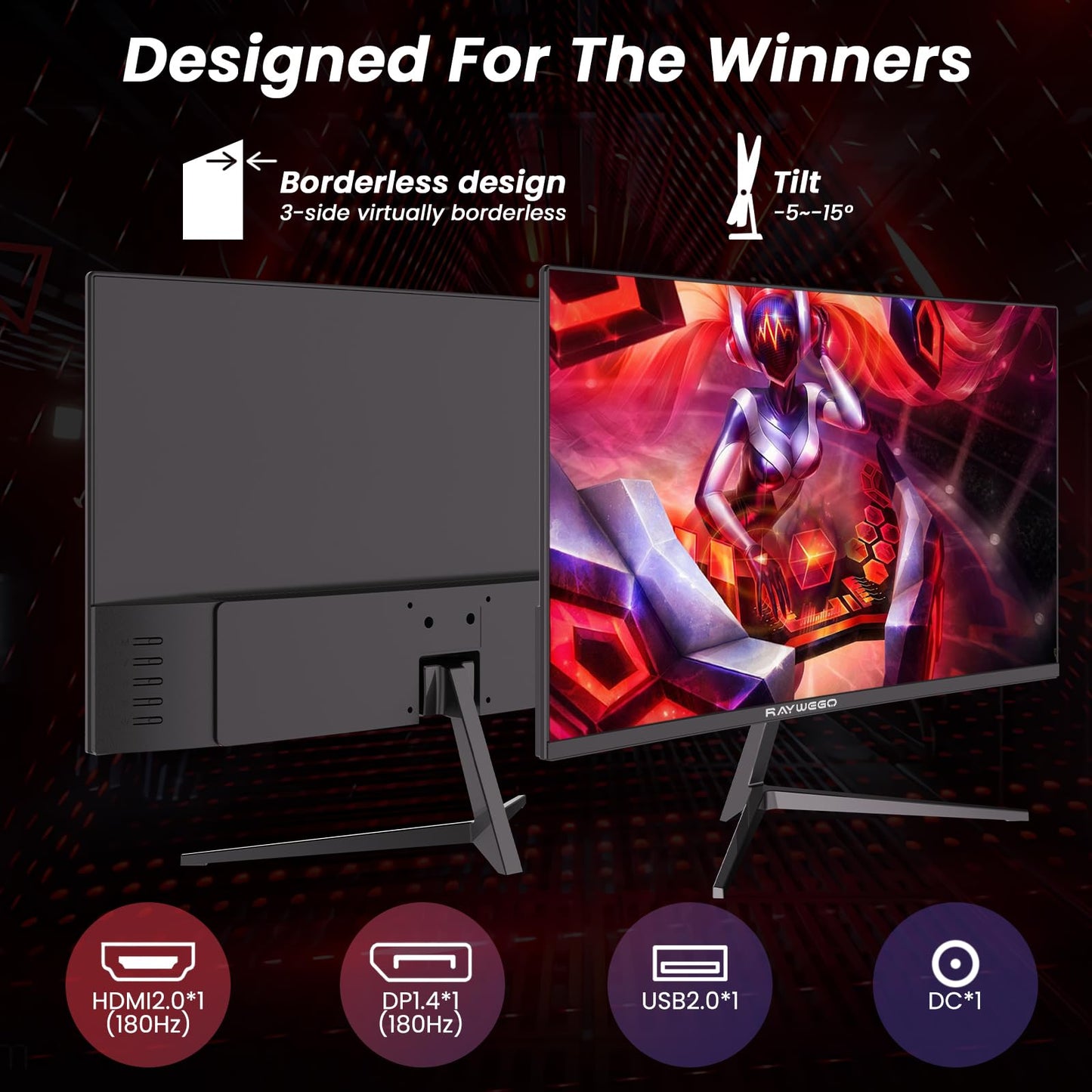 Raywego 24-inch Curved Gaming Monitor Frameless,180Hz/144Hz Monitor 1080P,4000:1 Contrast Ratio,HDMI 2.0/DP 1.4/USB 2.0,FreeSync,Crosshair/Timer/FPS/RTS,Tilt Adjustable(DP Cable Included)