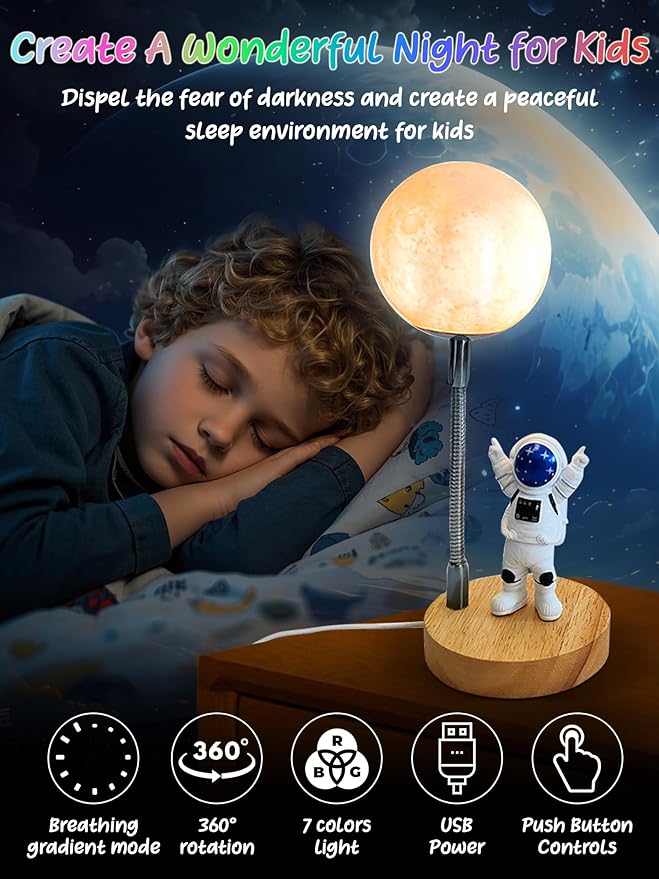 Moon Lamp for Kids,Astronaut Light 7 Color Space Night Light,3D Moon Light Nursery Bedroom Space Themed Decor Table Lamp,Birthday Gifts for Boys Girls