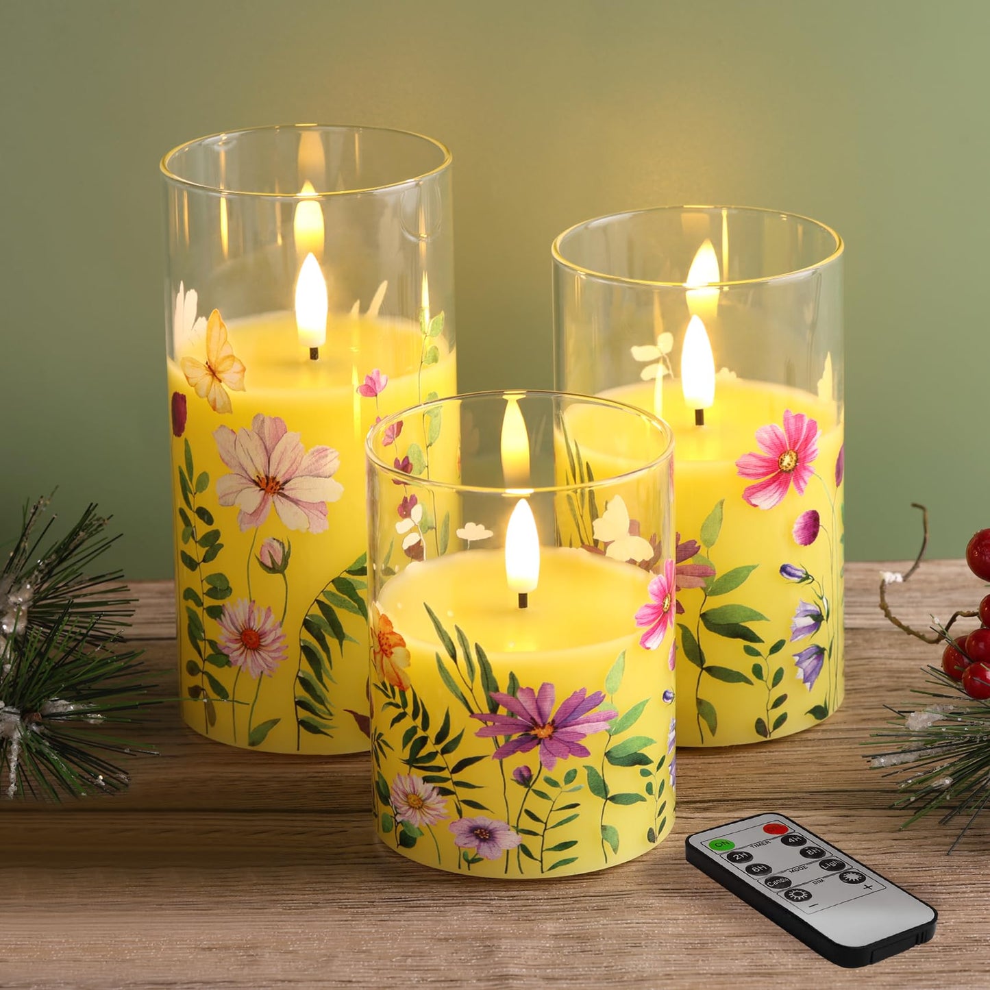 Eywamage Yellow Cosmos Floral Flameless Candles in Glass Jars, Flickering Battery LED Pillar Candles with Remote Set of 3