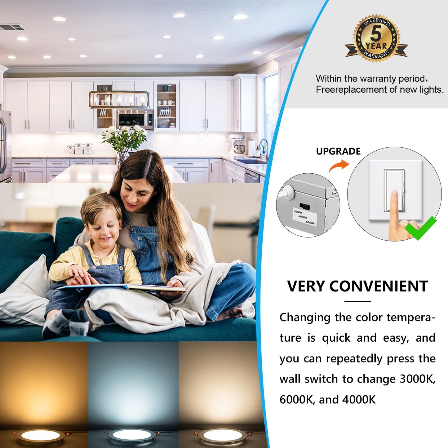 JARLSTAR 8 Inch LED Recessed Light, 18W Dimmable, 3CCT Selectable, Aluminum, Model JSD18W?A, Ultra Thin,
