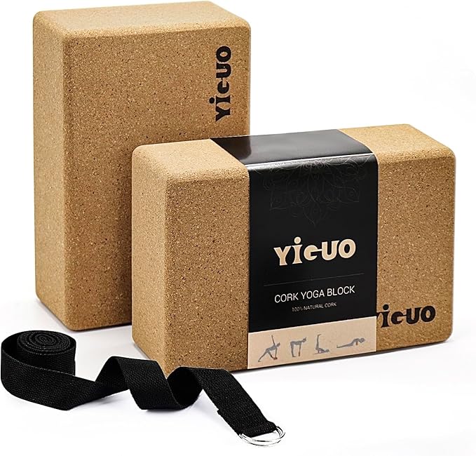 YIGUO Cork Yoga Blocks 2 Pack with Strap, High Density Soft Non-Slip Yoga Blocks, Eco-Friendly Yoga Accessories for Yoga, ...
