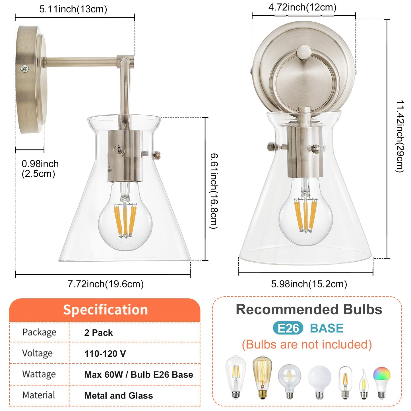 Gednbo Wall Sconces 2 Pack Modern Vanity Light Fixtures For Bathroom Nickel Wall Mount Lighting Lamp Hardwired Farmhouse Wall Lights With 6 Inch Clear Glass Shade For Bedroom Living Room Mirror