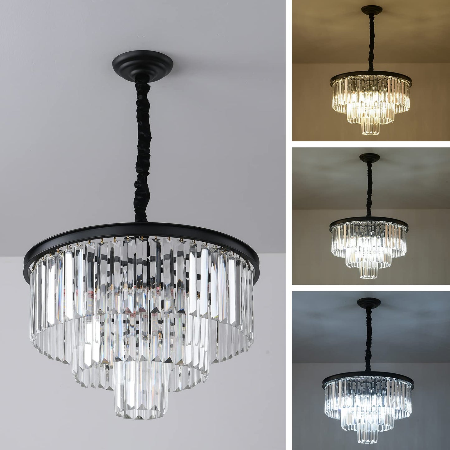 Laiuetai Black Modern Crystal Chandelier  3-Tier Round Flush Mount Ceiling Light Fixtures Height Adjustable Pendant Lighting For Dining Room Living Room Bedroom Kitchen Hotel Foyer