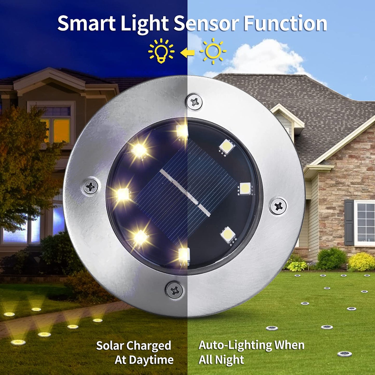 Aogist Solar Ground Lights, 12 Packs, 8 LED Waterproof Disk Lights, Stainless Steel, Warm White, Model DMD-1214