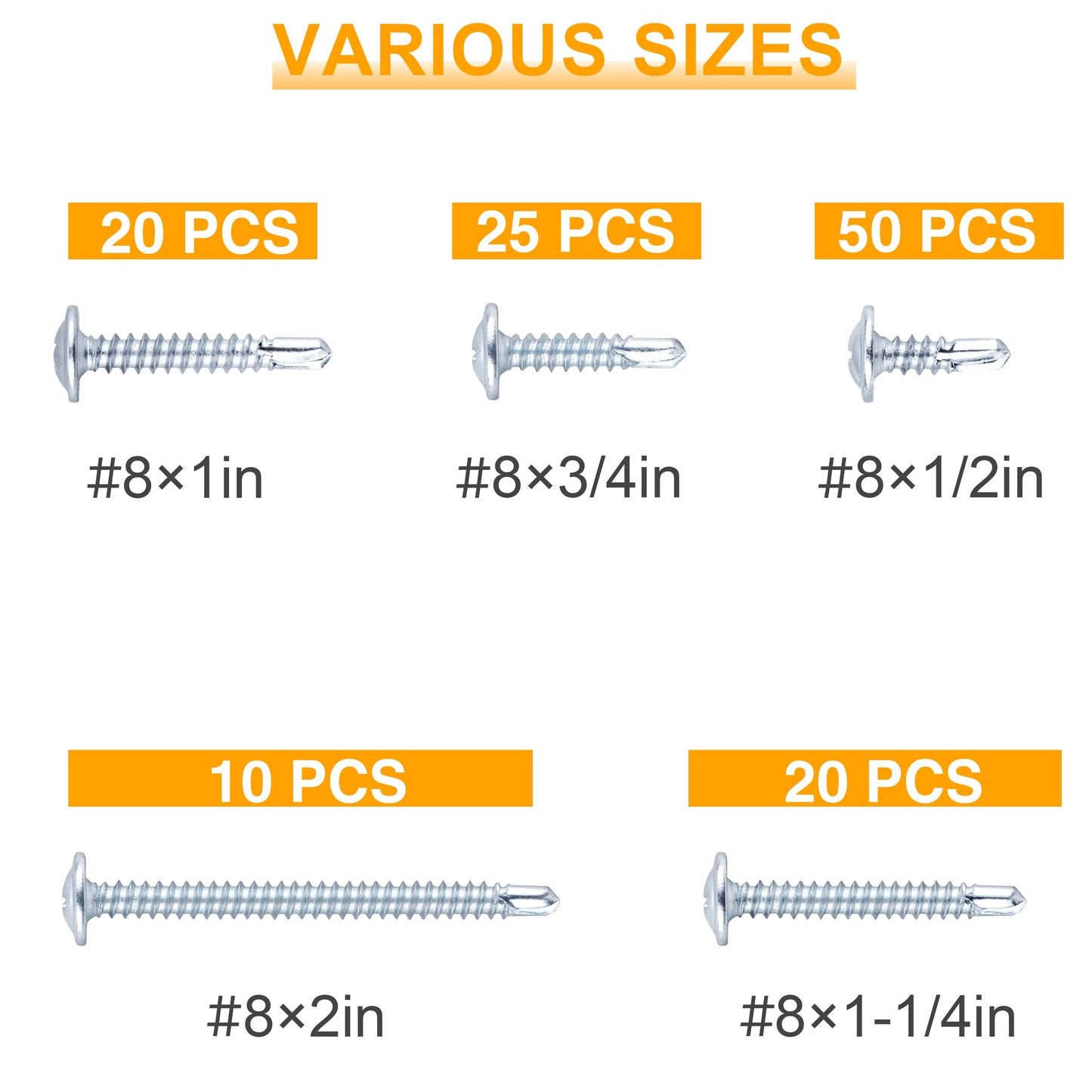 KURUI Self Tapping Screws Assortment Kit, #8 sheet metal screws for Metal Wood & plastic, 125Pcs Galvanized Phillips Truss Head Self Drilling Screws in 5 Sizes (1/2, 3/4, 1-1/4, 1in, 2in)