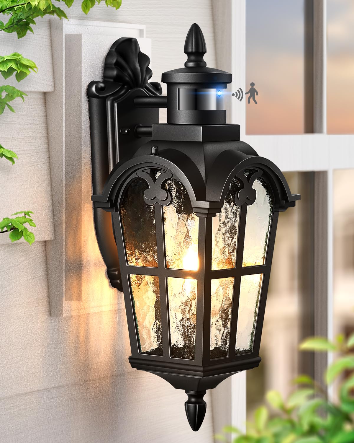 Vianis Porch Lights Outdoor Motion Sensor  Black Dusk To Dawn Outdoor Garage Lighting Fixtures  Aluminum Waterproof Outside Sconce Lights With Ripple Glass  Coach Light Wall Mount For House Doorway