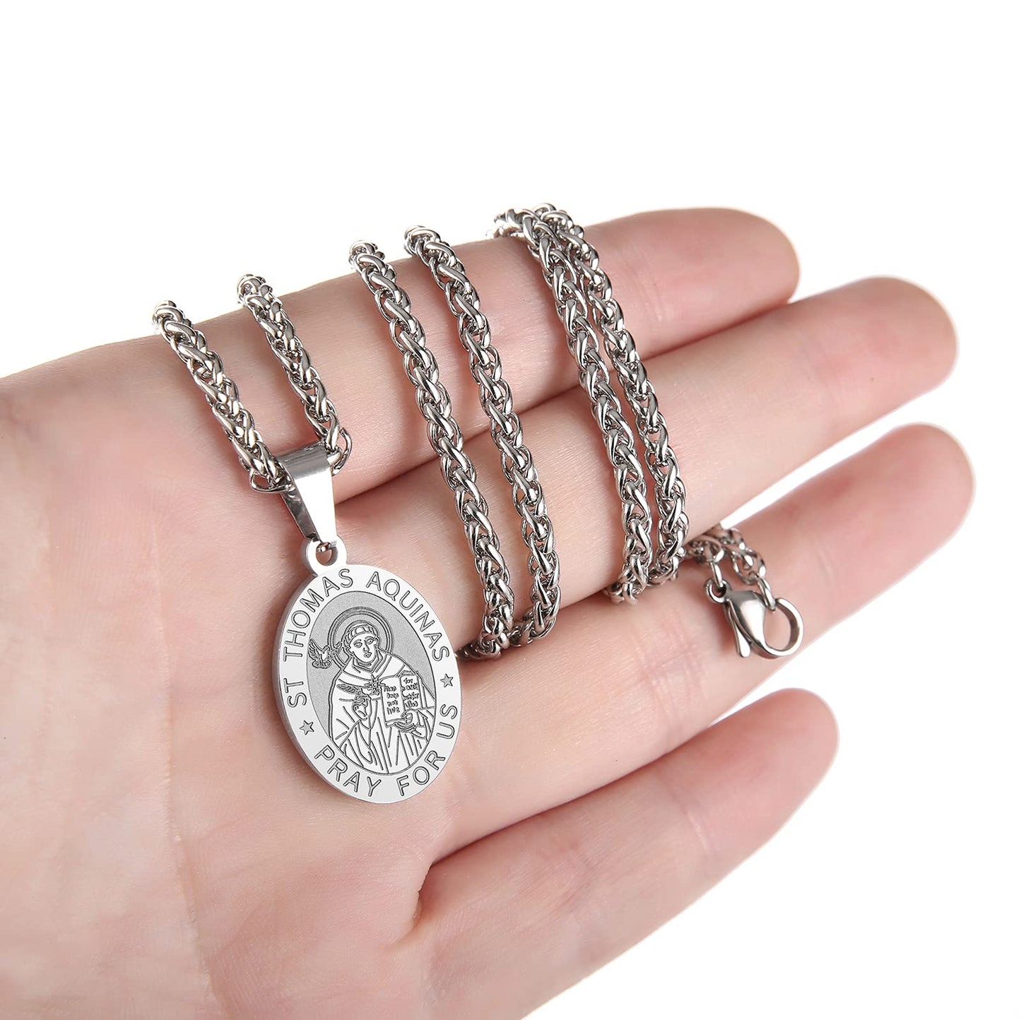 P. BLAKE St Saint Thomas Aquinas Medal Necklace for Men, Oval Stainless Steel Religious Catholic Saint Thomas Pendant Chain