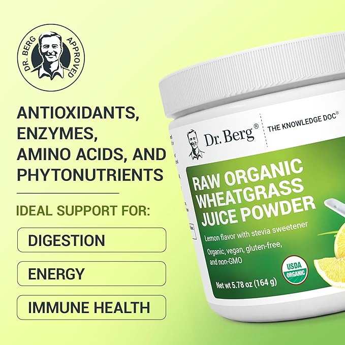 Dr. Berg USDA Certified Organic Green Powder Superfood (60 Servings) - Made with Raw Wheatgrass, Chlorophyll, Trace Minerals & Natural Enzymes - Non-GMO Green Superfood Powder - Lemon Flavor