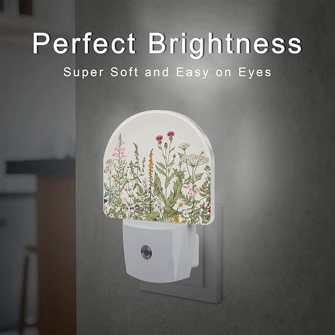 Herbs and Wild Flowers Night Light for Kids,Watercolor Green Botanical Floral Leaves Night Light Plug in with Dusk to Dawn Sensor,0.5w Energy Saving Nightlight for Hallway Stairway Kitchen Bedroom