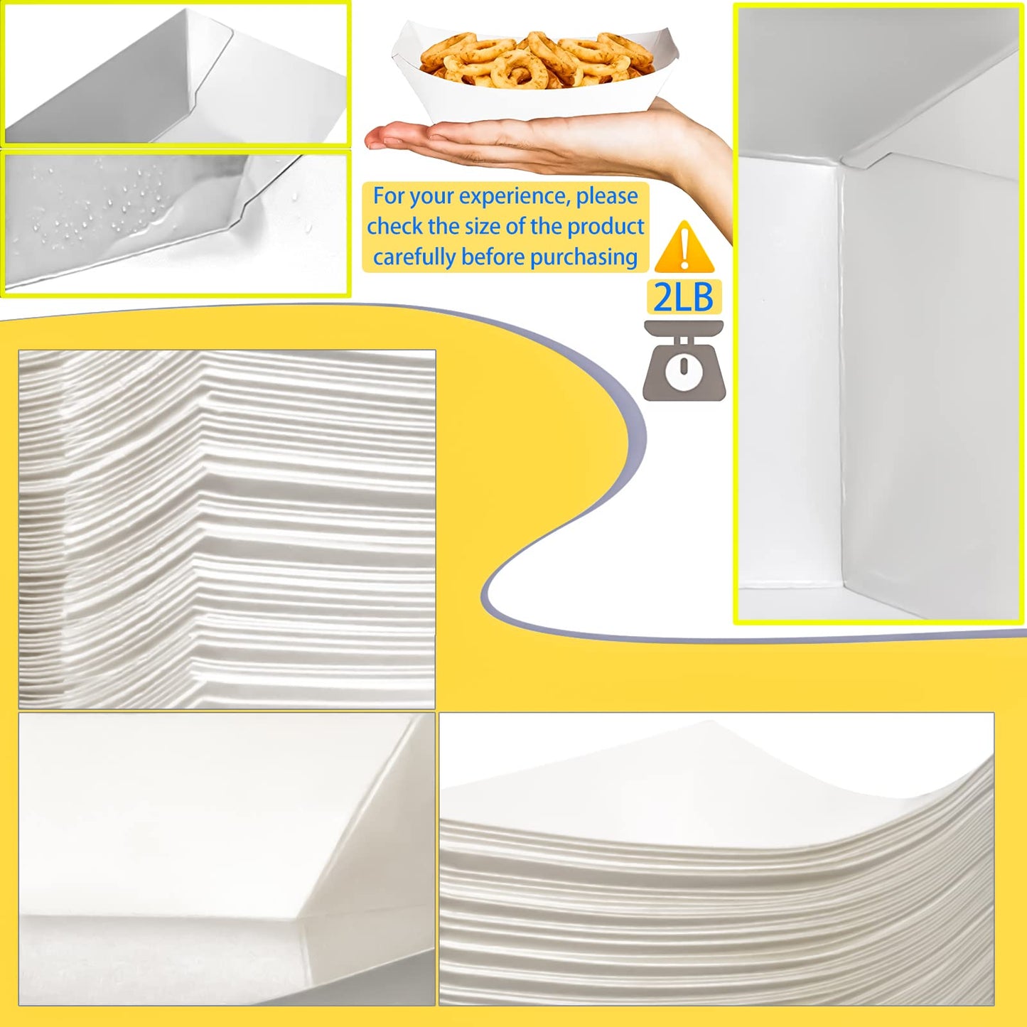 MotBach 100 Pack 2lb Kraft Paper Food Trays, Waterproof Heavy-Duty Paper Food Boats Disposable Serving Baskets Trays for Fries Sandwiches Burgers Hot Dogs Taco BBQ Popcorn Picnic Wedding Party (White)