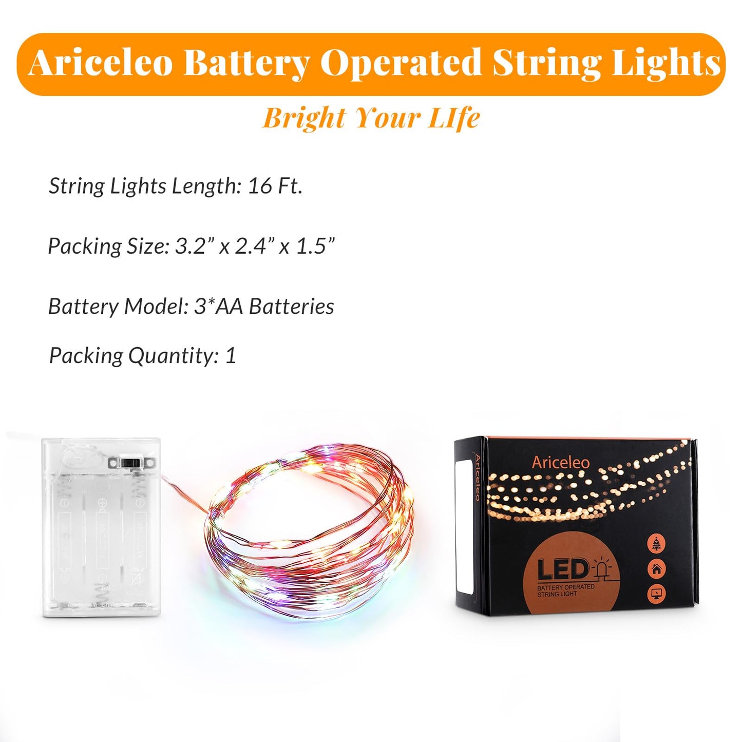 Ariceleo LED Fairy Lights, 5m Copper Wire, Battery Operated, Multicolor, Mini Pack for Bedroom, Christmas, Parties, Wedding