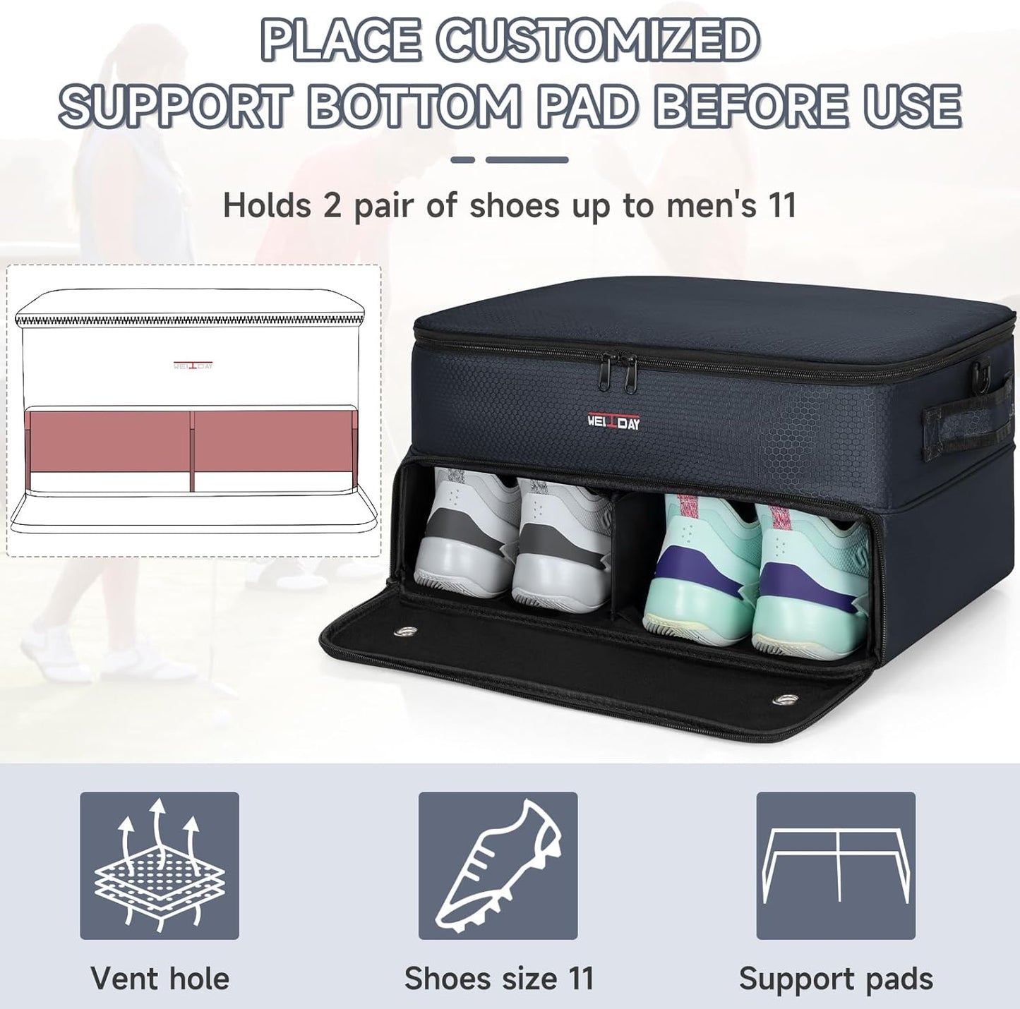 ANILD Golf Trunk Organizer, 2 Layer Golf Storage Case with Separate Ventilated Compartment for 2 Pair Shoes, for Balls, Tees, Clothes, Gloves, Accessories, Golfer Gifts