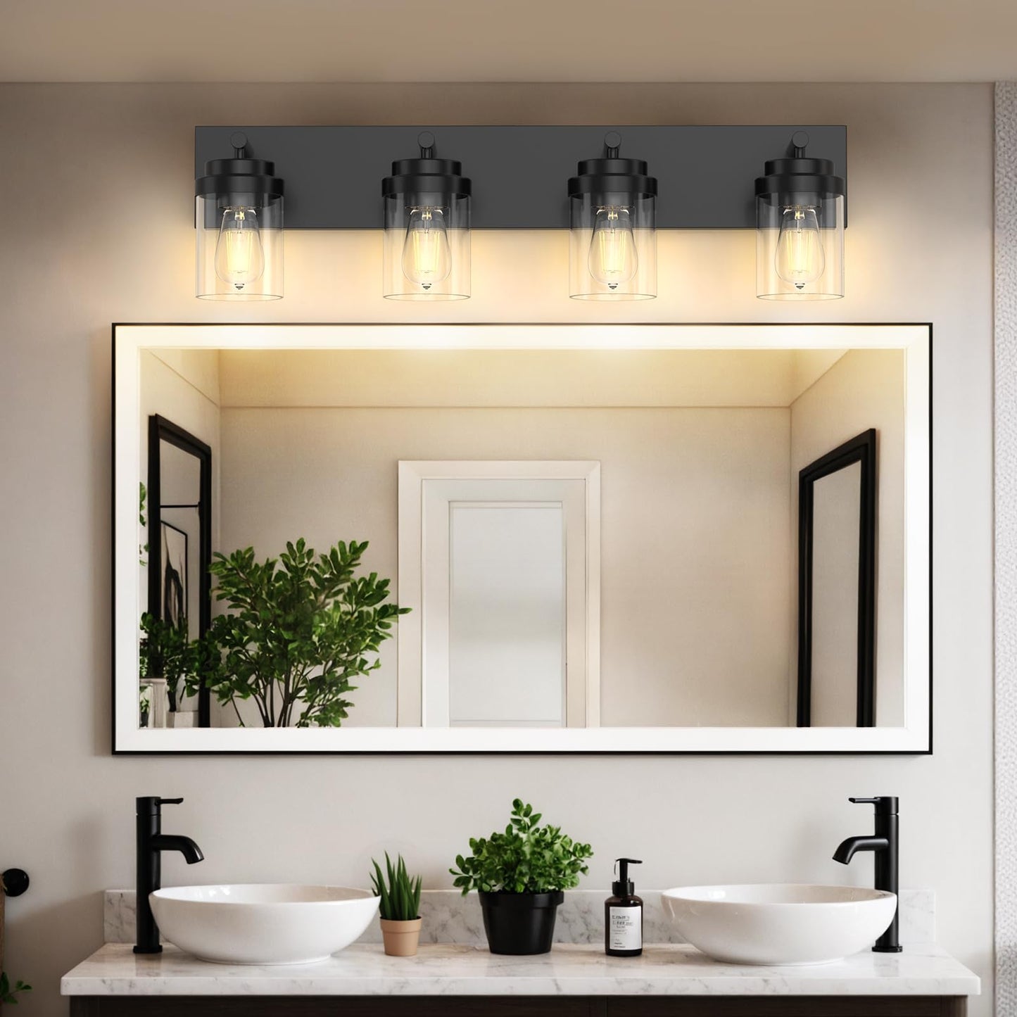 Izorro Bathroom Vanity Light Fixture  4-Light 27.5 Inch Matte Black Bathroom Light Fixtures Over Mirror  With Clear Glass Shade  Modern Farmhouse Vanity Lights  Rustic Restroom Lighting Fixtures