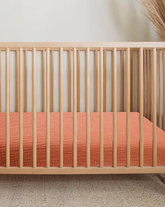 Crib Sheets for Boys Girl, Fitted Baby Toddler Bed Sheets 28" x 52", Neutral Muslin Cotton Crib Mattress Bedding Soft and Breathable Comfort (Brick)