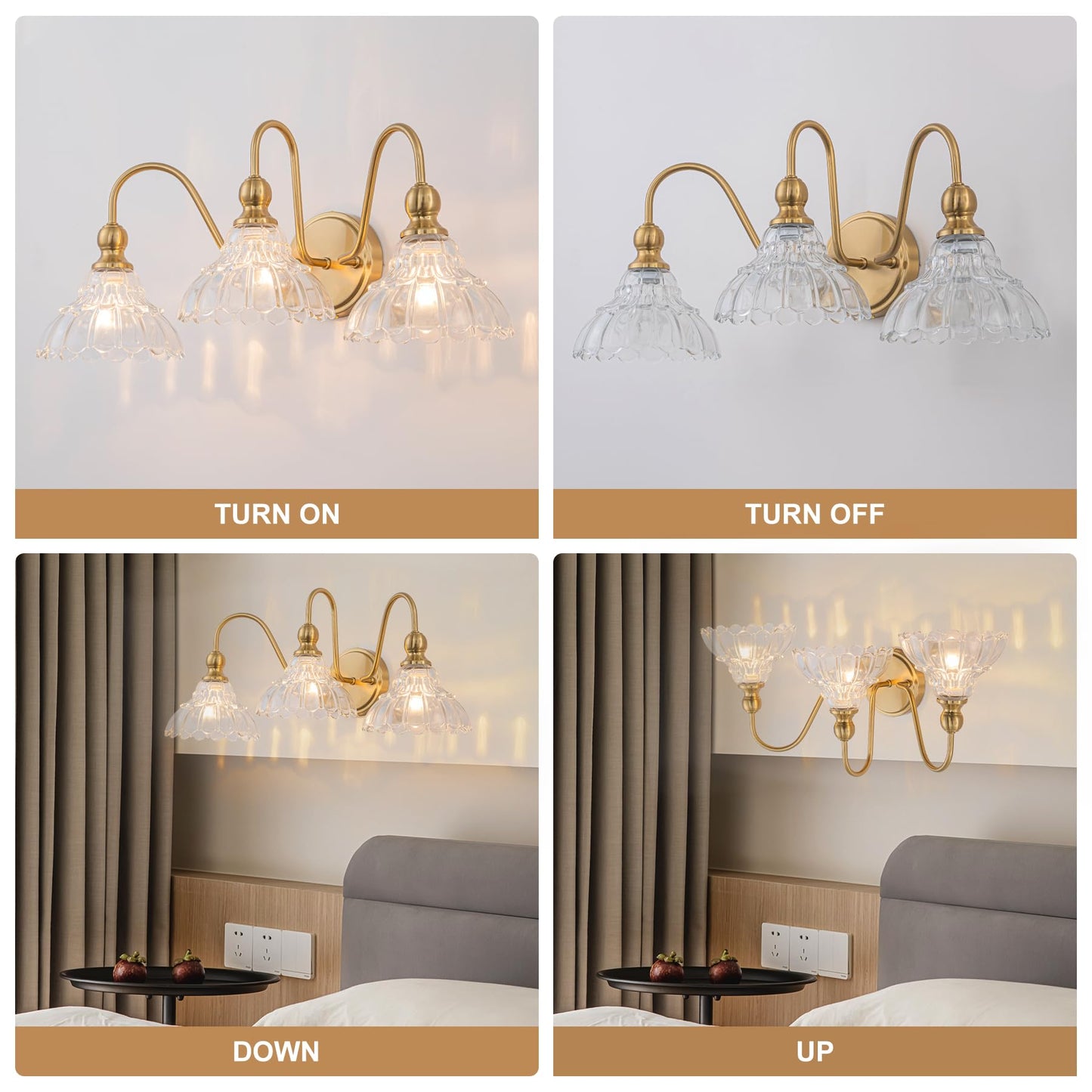 Brknit Vintage Bathroom Light Fixtures Over Mirror  3-Light Brass Wall Sconce Lighting With Flower Glass Shade  Farmhouse Vanity Lights For Bedroom Kitchen Living Room Hallway Light