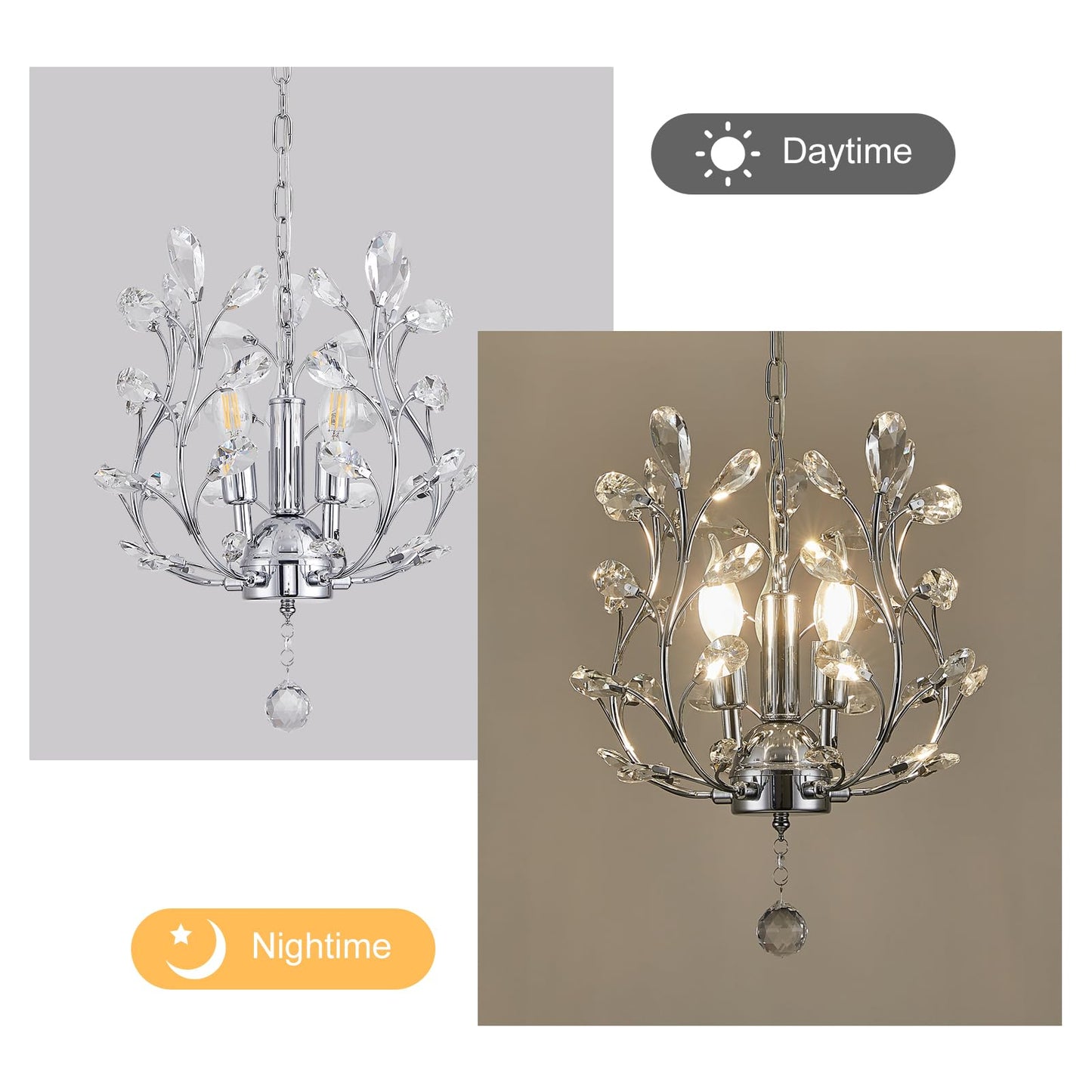 Ganeed 3-Light Branch Crystal Chandelier  Small Flush Mount Vintage Pendant Hanging Lighting  K9 Crystal Farmhouse Ceiling Light For Dining Room Bedroom Living Room Kitchen Hallway  Chrome Silvery