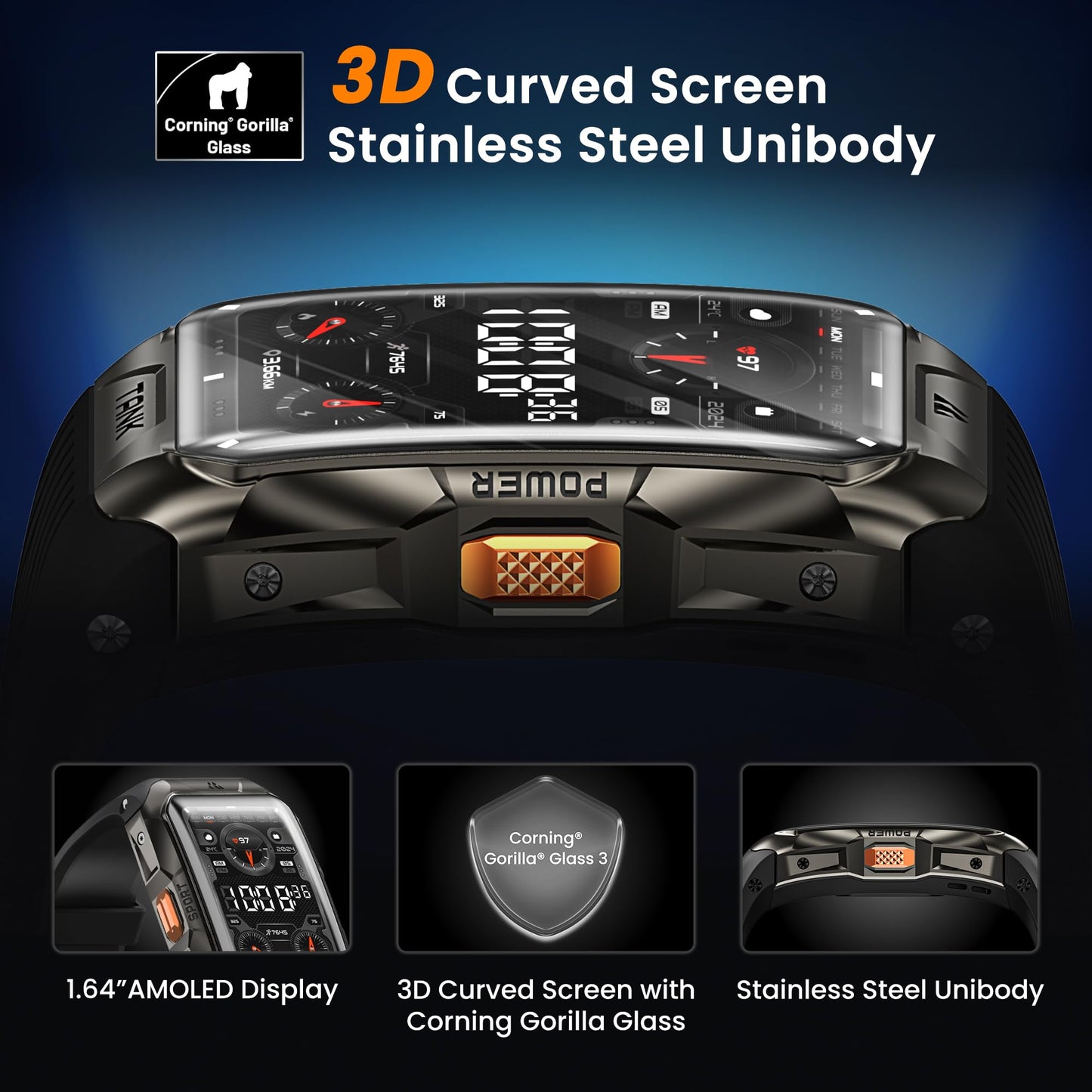 KOSPET Tank X2 Ultra GPS Smart Watch, 3D Curved Glass, Stainless Steel Unibody, 6 Satellite Positioning, Compass, 50M Waterproof, Answer/Make Call, 1.64" AMOLED Screen