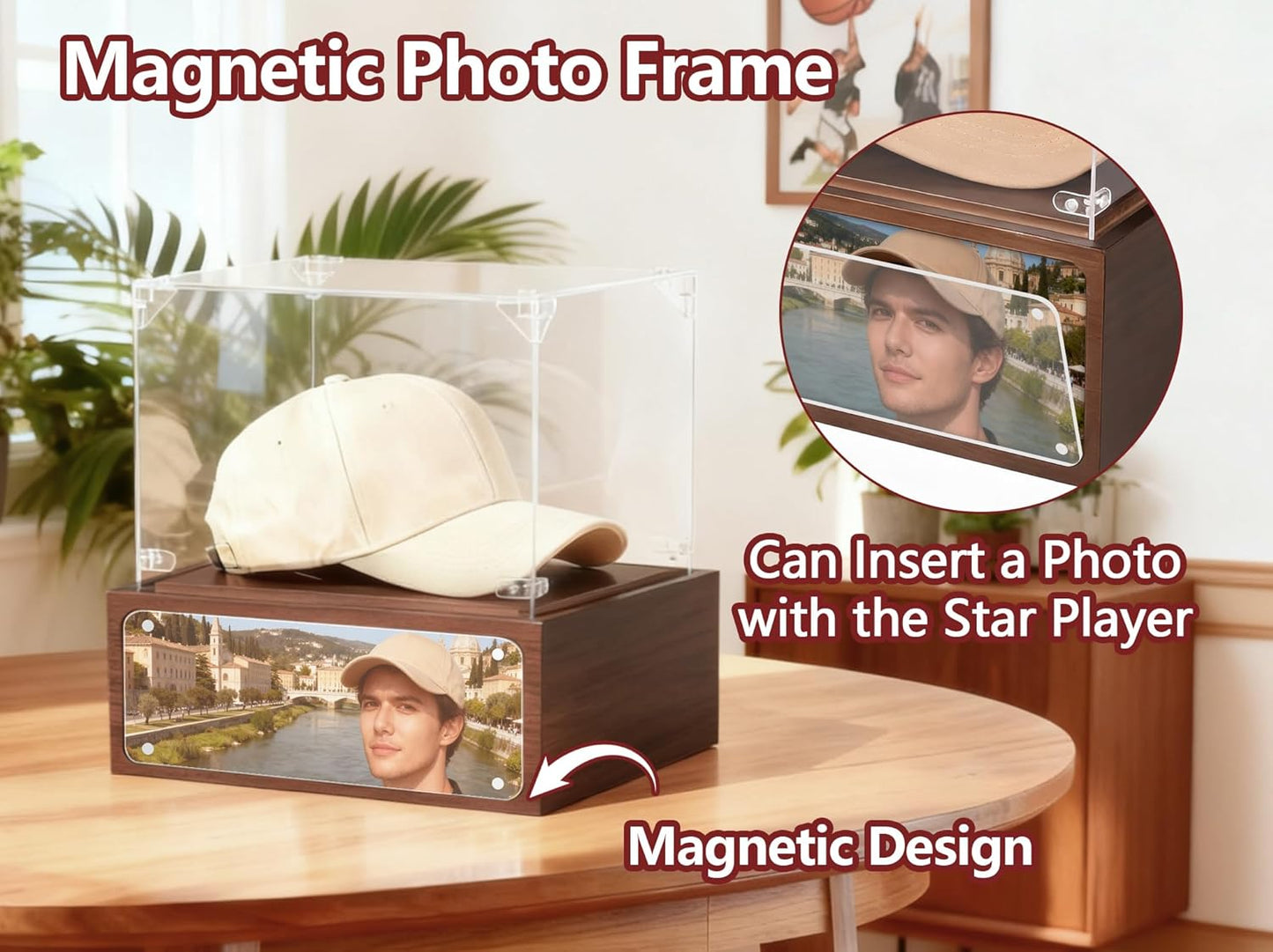 Baseball Hat Display Case, Uv Protection Signed Hat Transparent Showcase, Clear Acrylic Sport Cap Holder Stand Display Box with Solid Wood Base Risers, Ideal Gift for Cap Collector