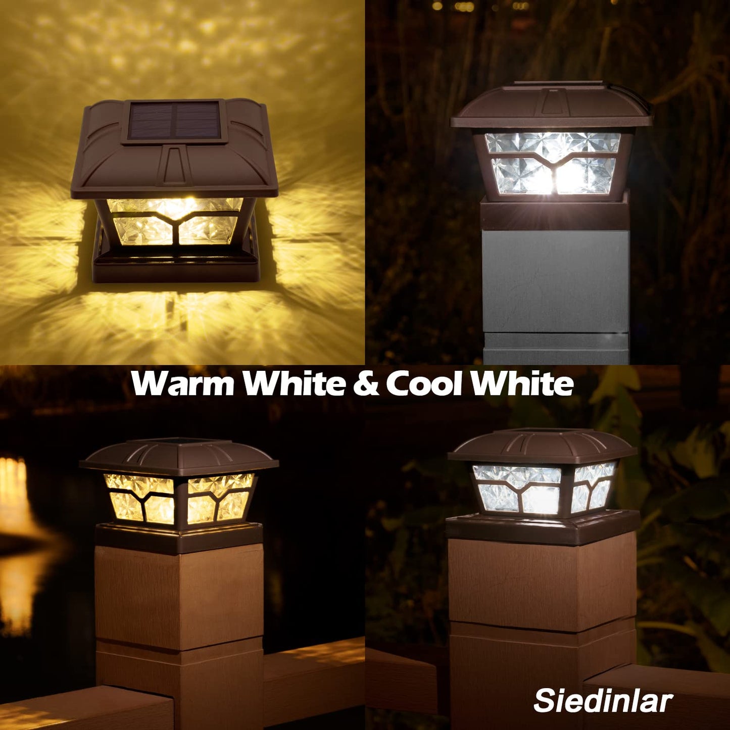 SIEDiNLAR Solar Post Cap Lights, 8 LEDs, 2 Color Modes, Brown, 4 Pack, Fits 4x4 5x5 6x6 Posts, Plastic