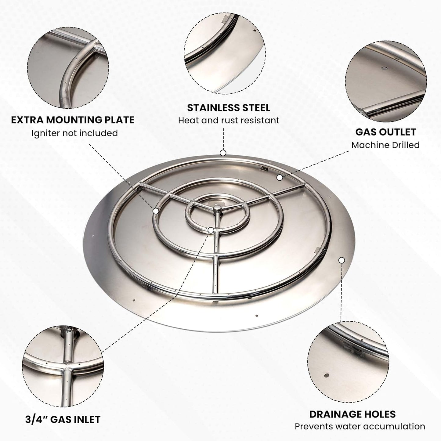 Fire Pit Burner Pan & Ring - Works with Natural Gas - Stainless Steel Fire Pit Burner Kit 36-Inch Pan, 30-Inch Ring - 250,000 BTU Max