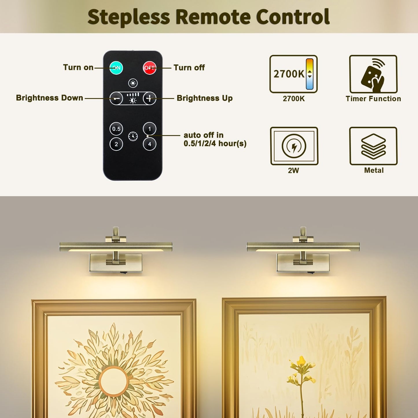 DESOOP Wireless Picture Light, 12 Inch, Rechargeable, Remote, Timer, Antique Bronze, Acrylic, Model 7115
