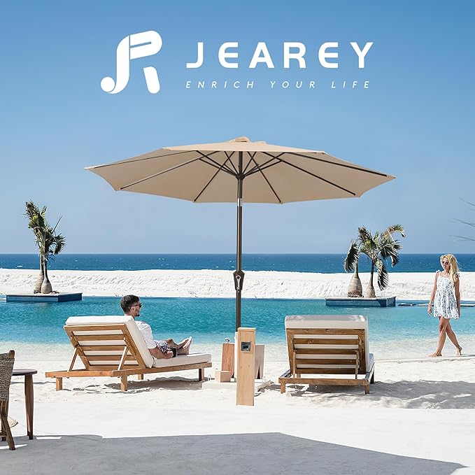 JEAREY 10FT Outdoor Patio Umbrella Outdoor Table Umbrella with Push Button Tilt and Crank, Market Umbrella 8 Sturdy Ribs UV Protection Waterproof for Pool, Garden (Beige)