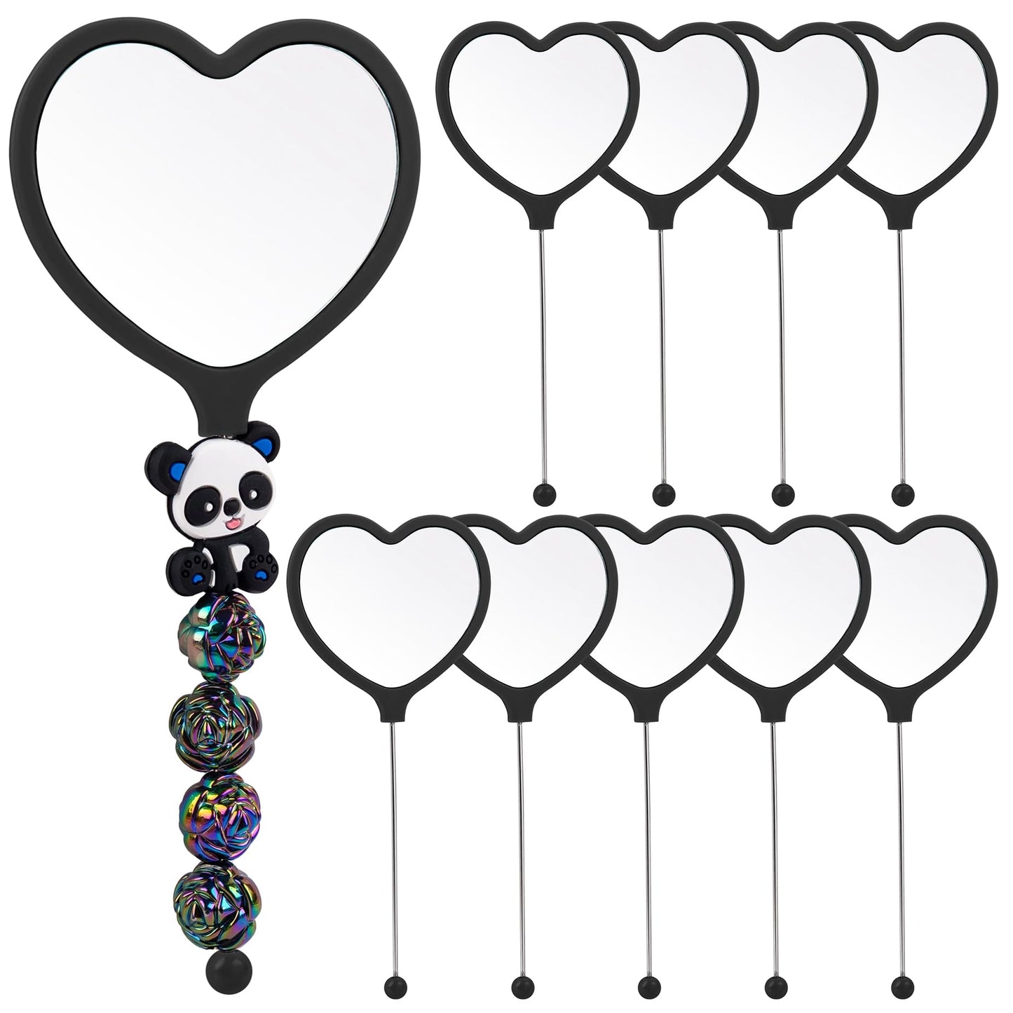 Framendino, 10 Pack Beadable Heart Travel Makeup Mirrors with Blank Bar Handheld for DIY Jewelry Making Black