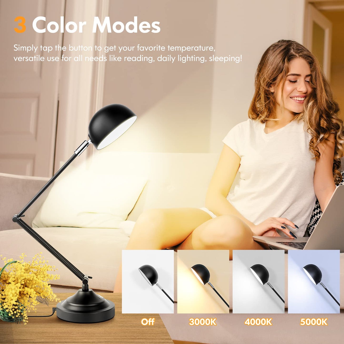 TOBUSA Touch Control LED Desk Lamp, Adjustable Swing Arm, Dimmable, 3000K/4000K/5000K, Black, Model T0345 BK