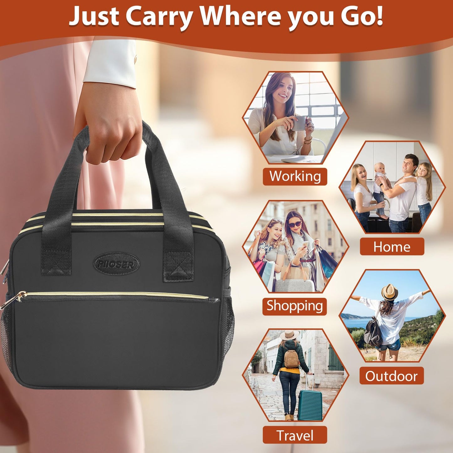 PIIOSER Breastmilk Cooler Bag with Ice Pack, Fits 6 Baby Bottles Up to 9 Ounce, Insulated Bottle Travel Bags with Shoulder Strap-Wearable Breast Pump Carrying Case for Nursing & Working Moms, Black