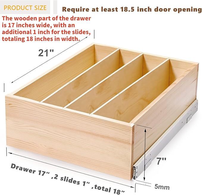 Pull Out Cabinet Organizer with Divider, 18''W×21''D×7''H Soft Close Wood Drawer for Kitchen Pantry, Finished, Heavy-Duty, Bottom Assembly (Wood Drawer Part Width is 17'')