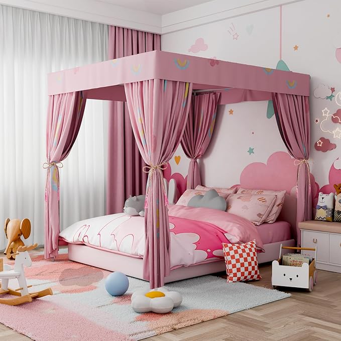Hvqic Pink Canopy Bed Curtains - 4 Corner Post Bed Curtains Lightproof Princess Bed Canopy for Girls Rainbow Canopy Bed Curtains for Kids Room Decor(Twin,Pink-Cloud)