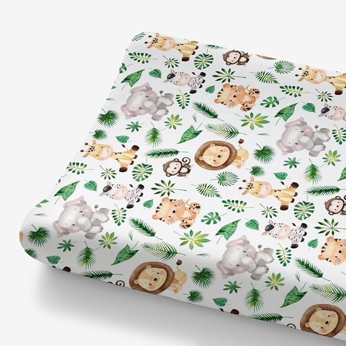 HawSkgFub African Safari Jungle Animal Eucalyptus Leaf Changing Pad Cover Baby Girl Boy, Giraffe Elephant Lion Palm Leaf Diaper Change Table Sheet, Stretchy Safe Snug Fitted Changing Mat 32"/34" x 16"