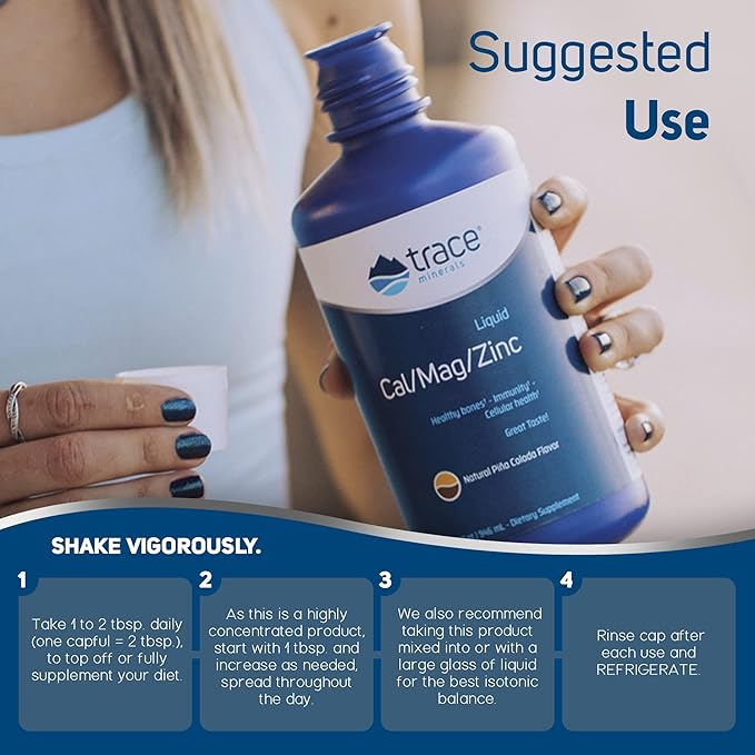 Trace Minerals | Liquid Cal/Mag/Zinc | Calcium, Magnesium, Zinc, Vitamin D3 Supplement | Supports Normal Tissue, Muscle, and Bone Density | Natural Piña Colada Flavor | 16 Servings, 16 fl oz.
