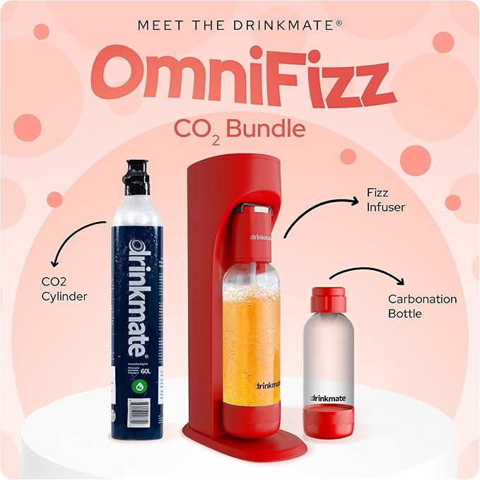 DrinkMate Sparkling Water and Soda Maker, Carbonates ANY Drink, Includes One 1L and One 0.5L Re-usable BPA-free Carbonating Bottles, 60L CO2 Cylinder and Patented Fizz Infuser, Royal Red