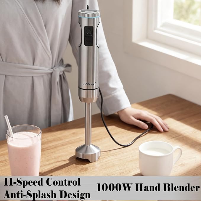 Hand Blender 11-Speed, 1000W Immersion Blender with Anti-Splash Design, Stainless Steel Blade for Blending Soup, Smoothies, Mayonnaise