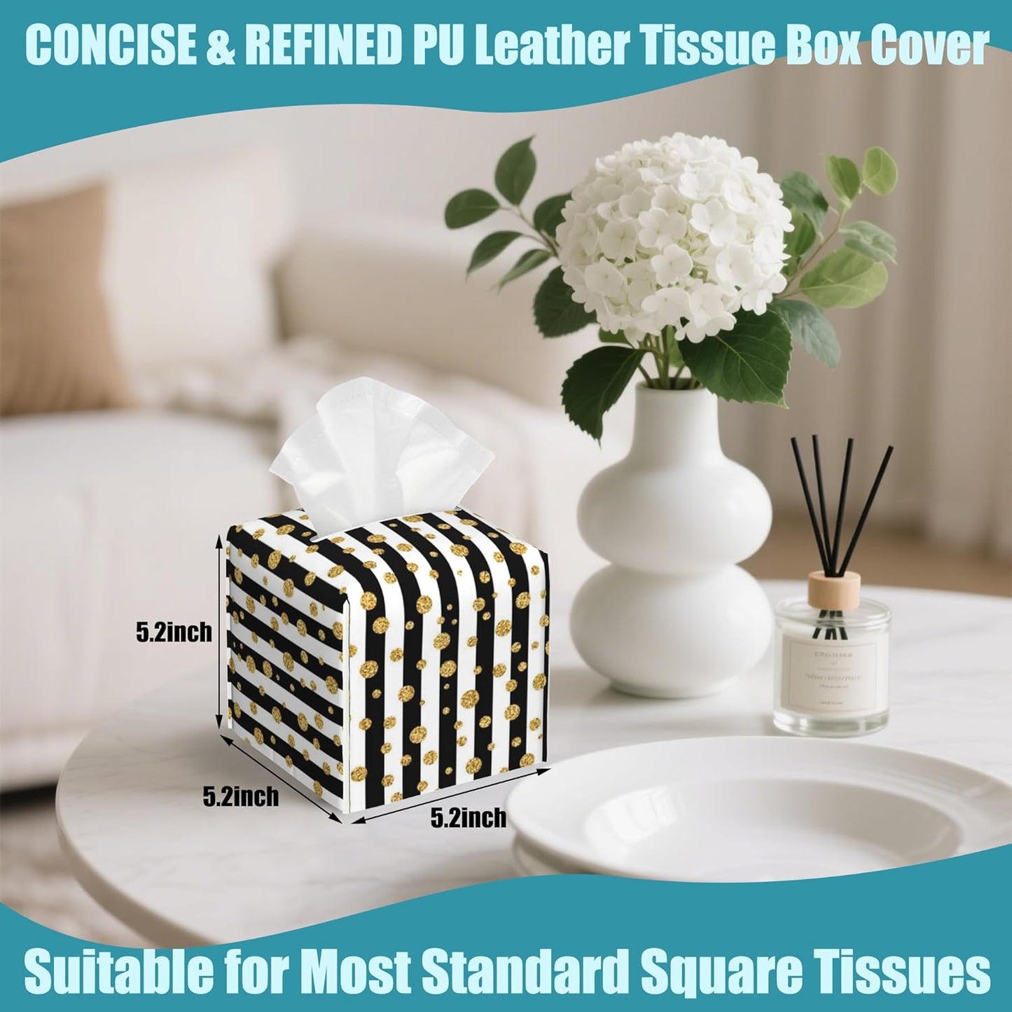 Gold Polka Dot Leather Tissue Holder,Black and White Stripes Square Tissue Box Cover,Modern Decorative Facial Tissue Cube Paper Cover for Car Bedroom Nightstand Vanity Desk Office,5.2" x 5.2" x 5.2"