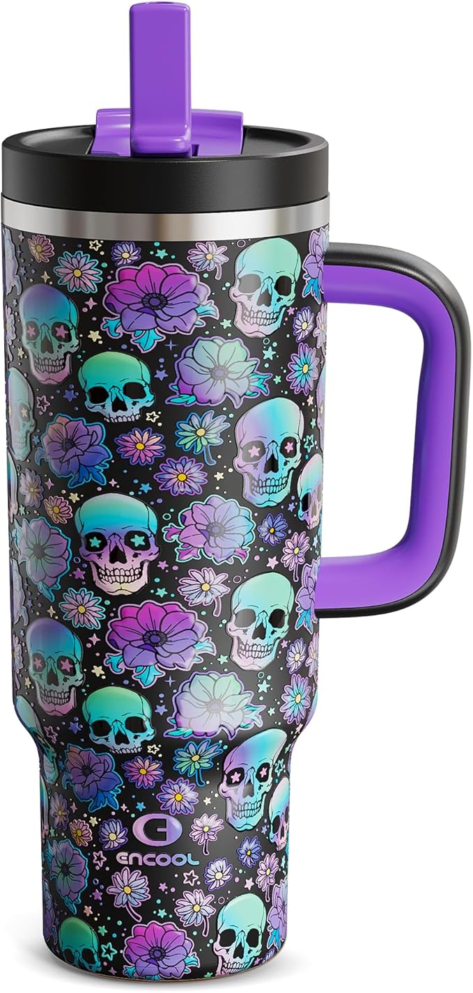 ENCOOL 40 oz Tumbler with Handle and Straw: Stainless Steel Insulated Tumbler Keeps Cold for 24 Hours, Leakproof Travel Cup Fits in Cup Holder and BPA-Free, Floral Afterlife