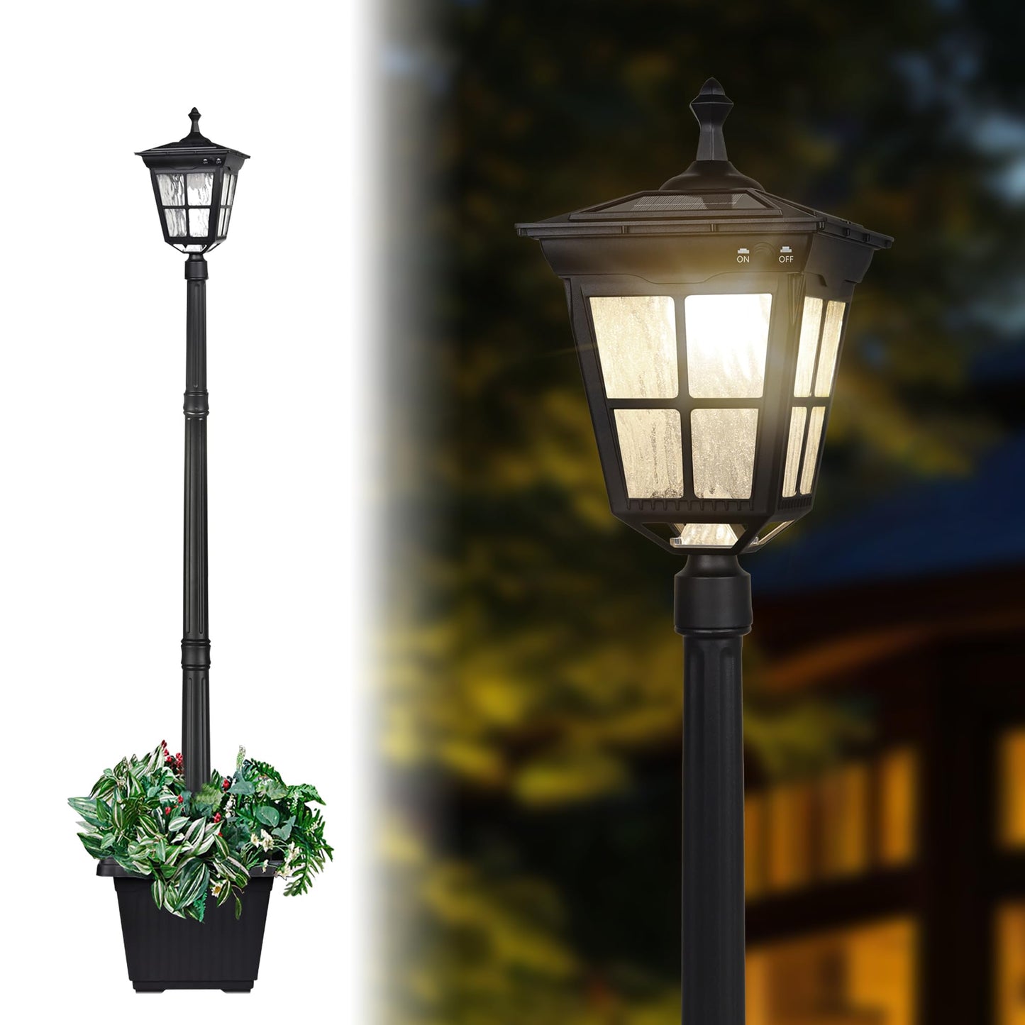 Kemeco Solar Post Light ST4311AHP, Dusk to Dawn Outdoor Lamp with Planter, Black, for Lawn Yard Garden Patio Deck Landscape Decor
