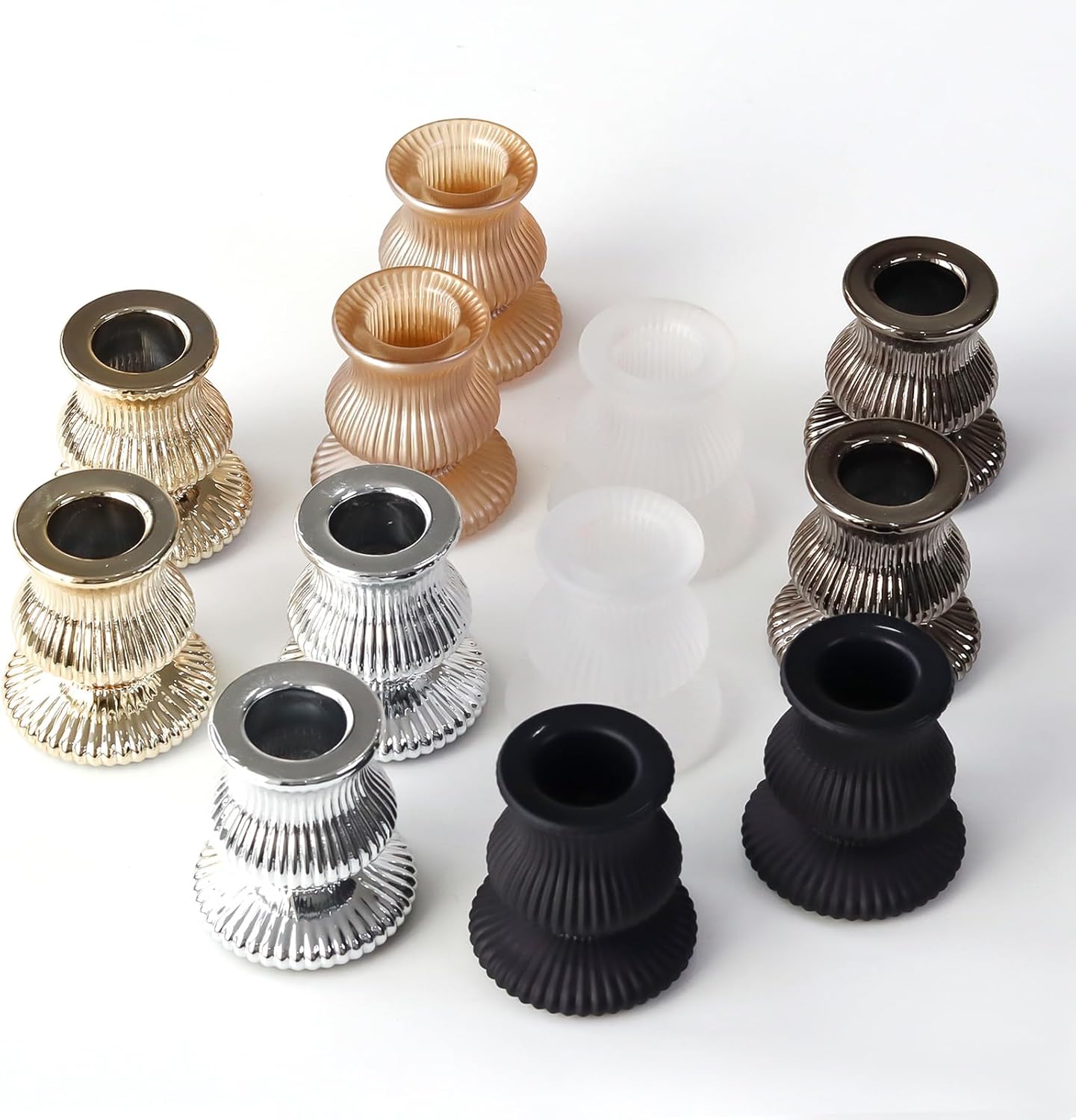 WDHODEC Black Gold Candlestick Holders 12PCS Glass Taper Candle Holders for Table Centerpiece Colorful Candle Sticks for Modern Wedding, Party and Festival Decoration