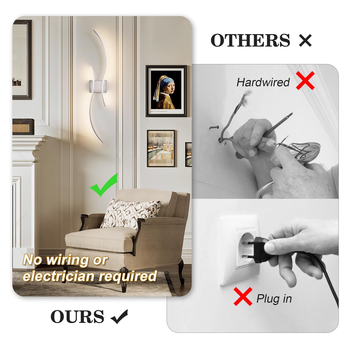 KARTOOSH Battery Operated Wall Sconces Set of 2, Remote Control, Stepless Colors 3000K-6000K, Nickel, 39.3 Inch, Model Z